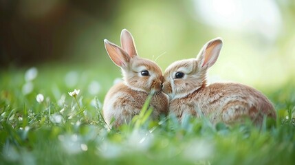 Obraz premium A pair of rabbits lounging together on a verdant grassy knoll dotted with delicate white blossoms