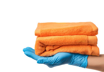 Hand in a blue glove with an orange towel isolated on a white background