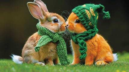   Two rabbits wearing scarves; one with a green scarf and the other with a green hat