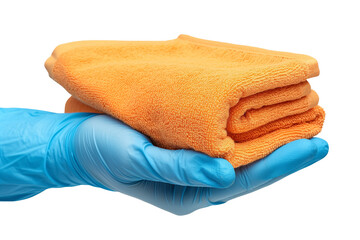 Hand in a blue glove with an orange towel isolated on a white background