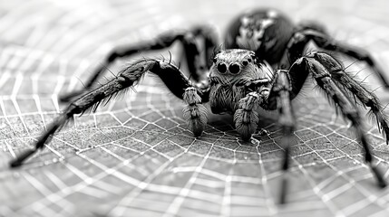 Naklejka premium Spider on black-white photo, spread-out legs, wide-open eyes