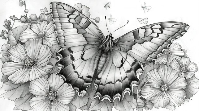   A monochromatic sketch of a butterfly perched on a blossom, with another butterfly soaring above it