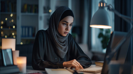 Focused Remote Worker: Hijab-Clad Woman Efficiently Managing Tasks on Laptop in Tidy Home Office Setting at Night