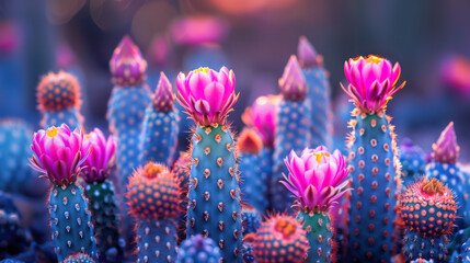 Group of cactus plants with pink flowers - Powered by Adobe