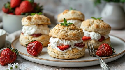   A white plate with biscuits smothered in cream and adorned with strawberries sits next to a bowl filled with strawberries and a fork