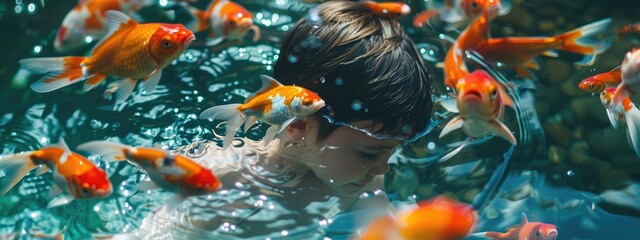 the child swims with the fishes. selective focus