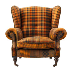 A large, orange and black plaid chair with a wooden frame