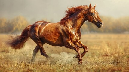   Brown horse runs in grassy field with trees in background and foggy air