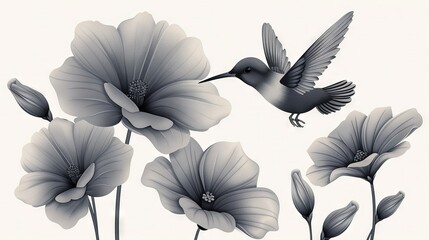   A stunning b&w image captures a hummingbird in flight above vibrant flower petals against a pristine white backdrop