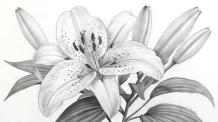   A black-and-white illustration portrays a flower with leaves positioned beneath it and the flower's center situated above it - obrazy, fototapety, plakaty