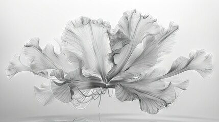   A monochrome image displays a bloom centrally, mirrored in the center of the frame