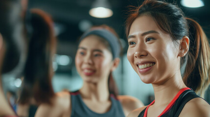 Fototapeta premium Happy asian woman warming up with her female friend during sports training in gym.