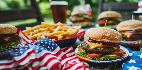 A vibrant 4th of July celebration with classic American burgers and fries served on a festive table decorated with the US flag.
