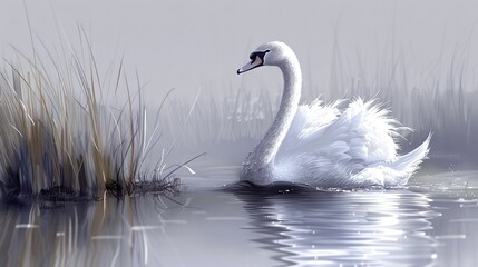 Fototapeta premium White swan glides over green grassy field in misty weather