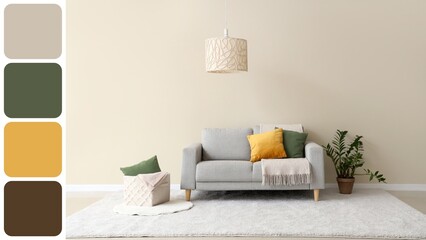 White living room with comfortable sofa, houseplant, ceiling lamp and pillows. Different color...