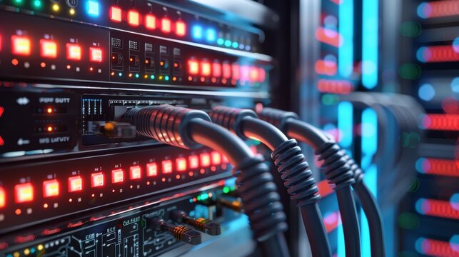 HighTech Connectivity Modern Data Center with Network Cables and LED Indicators