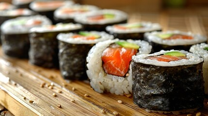   Close-up of sushi rolls on wooden table with sesame seeds on side and remaining roll on table