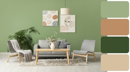 Grey furniture houseplant and vase with tree branches on table in interior of living room....