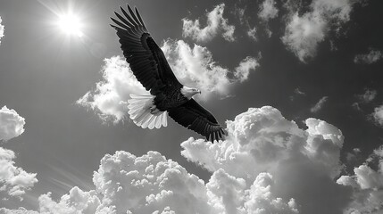 Naklejka premium Black & white picture of bald eagle soaring in sky under sunbeams through cloudy backdrop