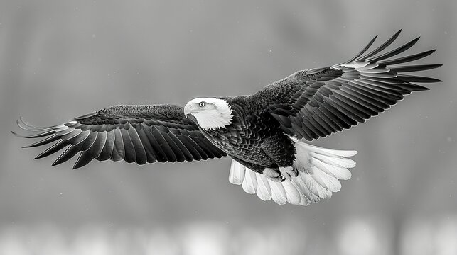   Black-and-white picture of bald eagle soaring with wings open in flight
