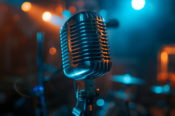 Retro old school microphone close-up on stage in the spotlight. 