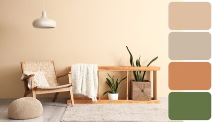 Rattan armchair with wooden stand and houseplants near beige wall. Different color samples