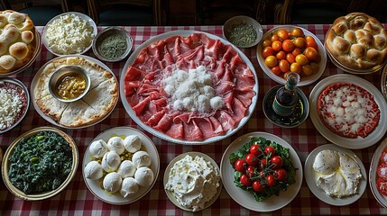  A checkered tablecloth features various pies arranged atop it