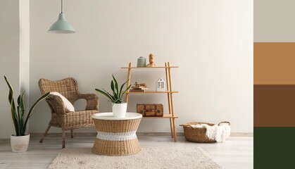 Rattan armchair with wooden shelving unit, table and houseplants near light wall. Different color...
