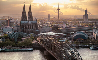 Ariel view of Cologne Cathedral, Rhine river, Cologne central station and Hohenzollern Bridge at...