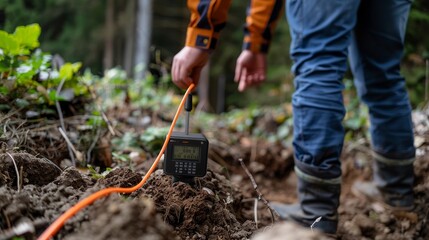 CuttingEdge Technology Scientist Utilizing HighTech Soil Sampling Device Environmental Research and Innovation Concept