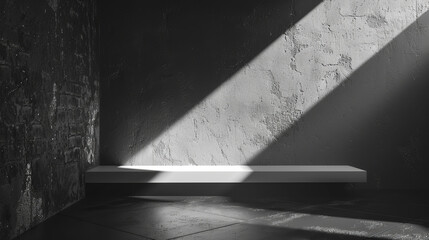 A dark room with a white bench and a wall with a sun shining on it