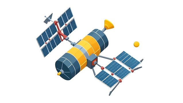 isometric satellite with solar panels, yellow and blue clip art preview
