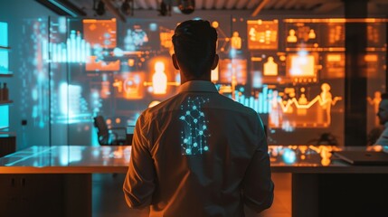 Obraz premium Glimpse into the Future Business Professional Using Holographic Interface in Futuristic Setting