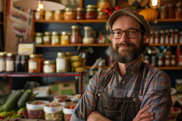 Artisanal Delights: Portrait of a Specialty Food Shop Owner in a Rustic Apron at Their Charming Shop