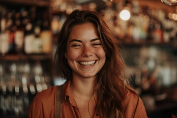 Mixology Maven: A Portrait of a Smiling Female Bartender in a Lively Bar - Powered by Adobe