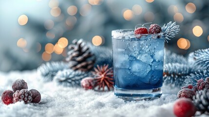 Glass Filled With Blue Liquid Surrounded by Pine Cones and Berries