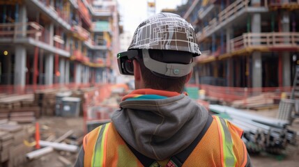 NextGen Construction Engineer Utilizing AR Glasses for Precision and Efficiency on Active Site