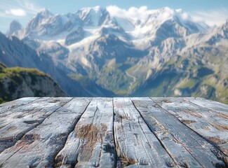 Photo of a wooden table with nature landscape in the background