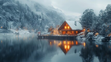 Fototapeta premium Cabin on a Lake Surrounded by Snow-Covered Mountains
