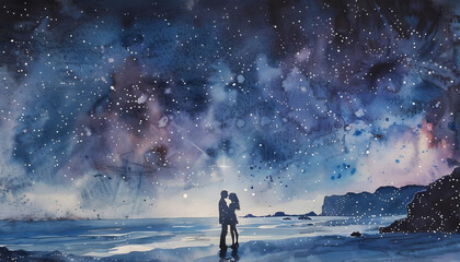 Whimsical watercolor illustration of a couple sharing a kiss under a starry sky on a remote beachar7 Generative AI - Powered by Adobe