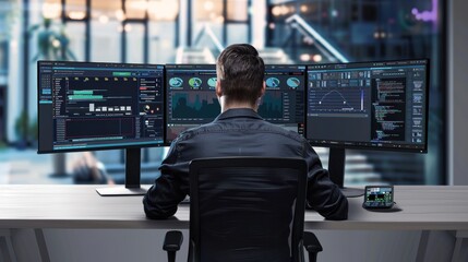 Digital Defender Cybersecurity Expert Analyzing Threats with CuttingEdge Security Protocols on Curved Monitor Display Data Protection Online Safety IT Security Concept