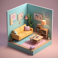 3d isometric living room , Isometric living room with sofa, table cupboard