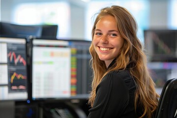 Confident Woman: A Portrait of a Smiling Female Stockbroker in Her Office