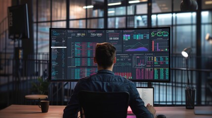 Datadriven Innovation Developer Analyzing Realtime User Insights on Large Monitor