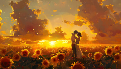 Whimsical digital illustration of a couple sharing a romantic dance in a sunflower field at golden h Generative AI
