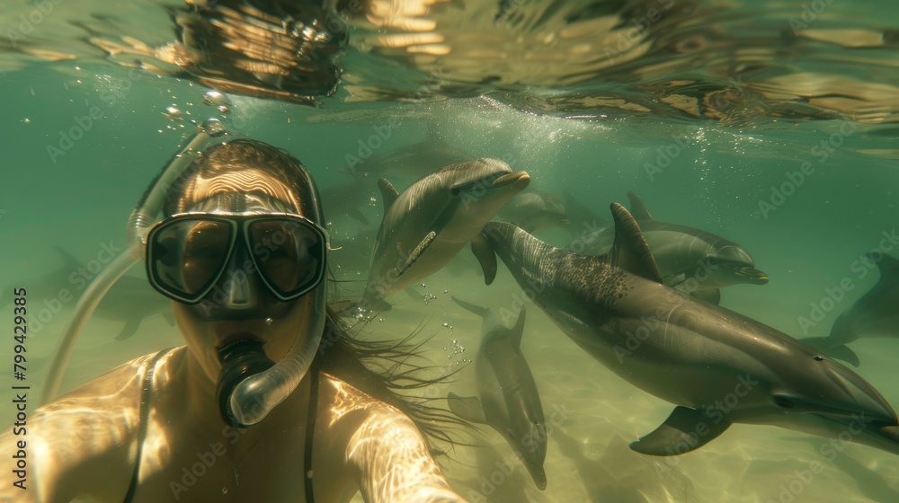 Aufkleber Sunlight filters through water as a swimmer enjoys a close encounter with a pod of dolphins