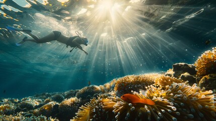 An underwater adventurer scuba dives among vibrant coral reefs teeming with marine life bathed in sunlight