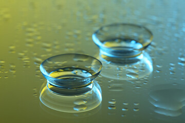 Pair of contact lenses on wet mirror surface, closeup