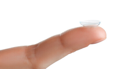 Woman holding contact lens on white background, closeup