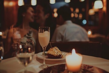 A romantic and cozy dinner scene with a couple, candlelight, and wine glasses creating an intimate ambiance - Powered by Adobe